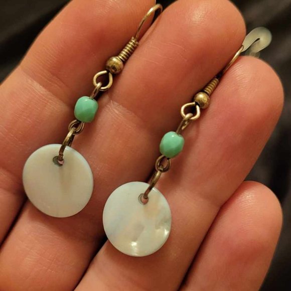 Turquoise Color Bead & Shell Hook Earrings - Picture 2 of 3